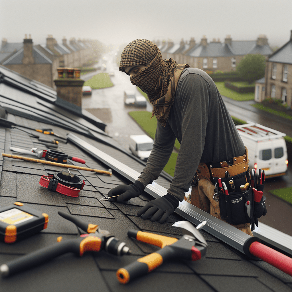 Roofers in Glenrothes replacing a flat roof with scaffolding and safety gear
