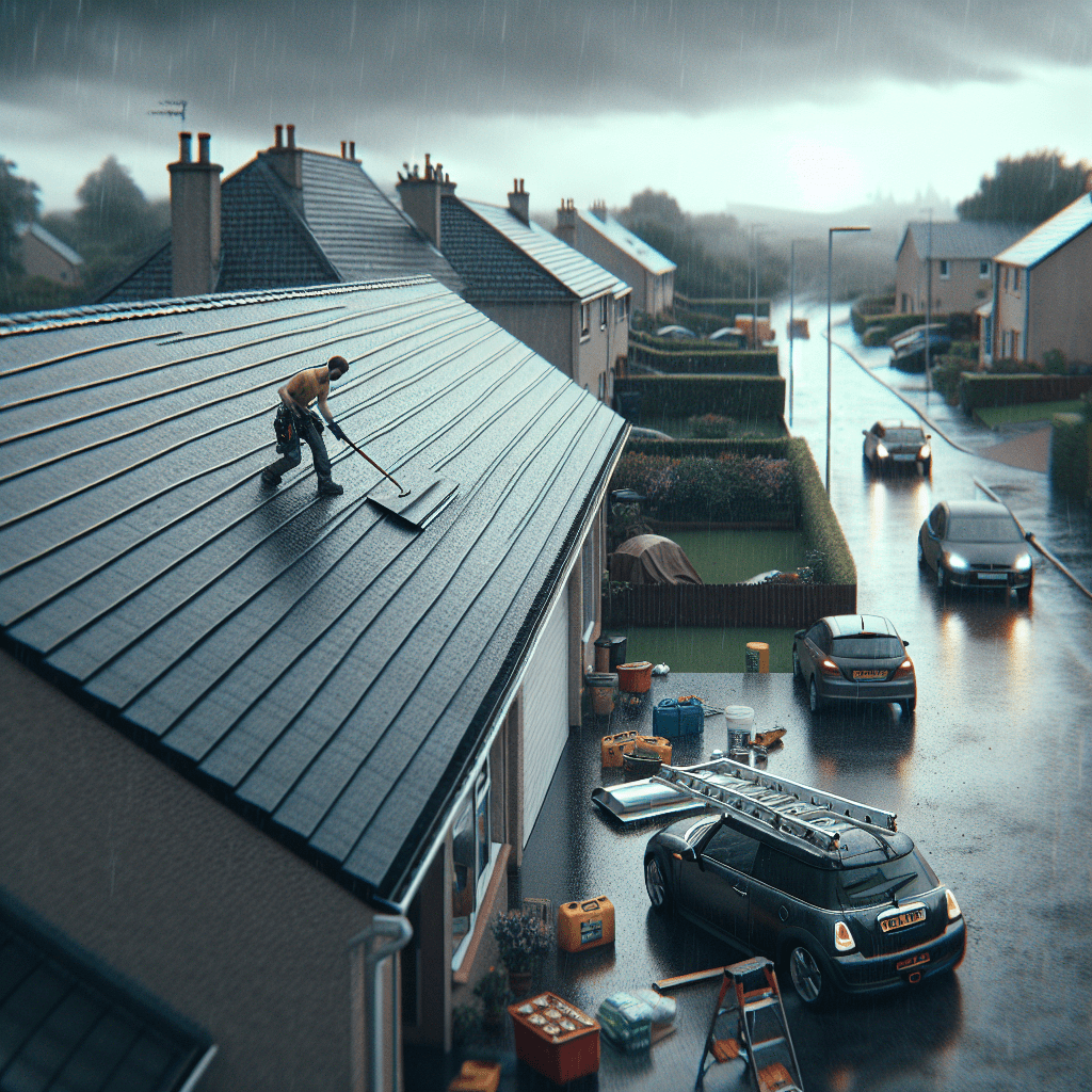 Flat garage roof being replaced in a residential area of Fife by professional roofers